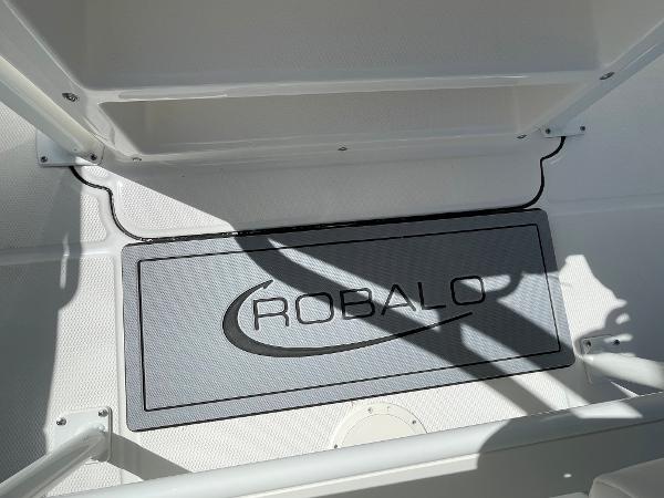 Slide: The Image of 2024 Robalo R222 Explorer boat interior with logo. - 19