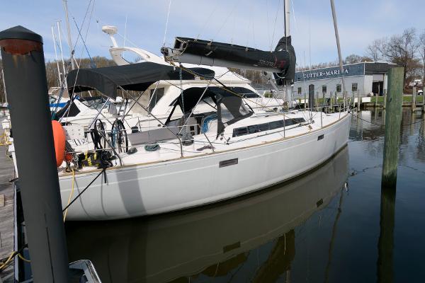 Slide: The Image of 2013 Salona 38 sailboat docked at a marina. - 0