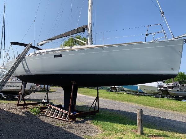 Slide: The Image of 2013 Salona 38 sailboat on stands in a boatyard. - 1