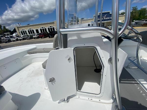 Slide: The Image of 2024 Savannah SS21 boat with open storage compartment on deck. - 20