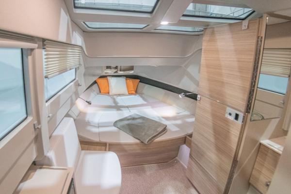 Slide: The Image of Luxurious interior cabin of 2024 Saxdor 320 GTC with skylights and modern furnishings. - 9