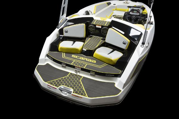 Slide: The Image of 2023 Scarab 165ID boat with yellow and black interior design. - 18