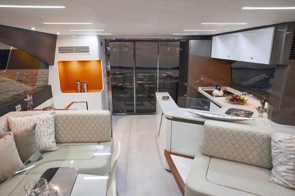 Slide: The Image of Luxurious interior of 2024 Schaefer 600 yacht with modern kitchen and seating area. - 16