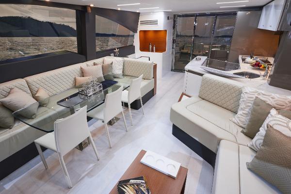 Slide: The Image of Luxurious interior of 2024 Schaefer 600 yacht with modern furnishings and panoramic windows. - 17