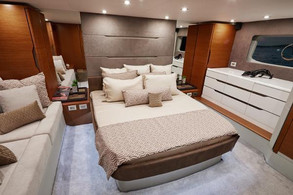 Slide: The Image of Luxurious bedroom interior of 2024 Schaefer 600 yacht with modern decor and ample lighting. - 21