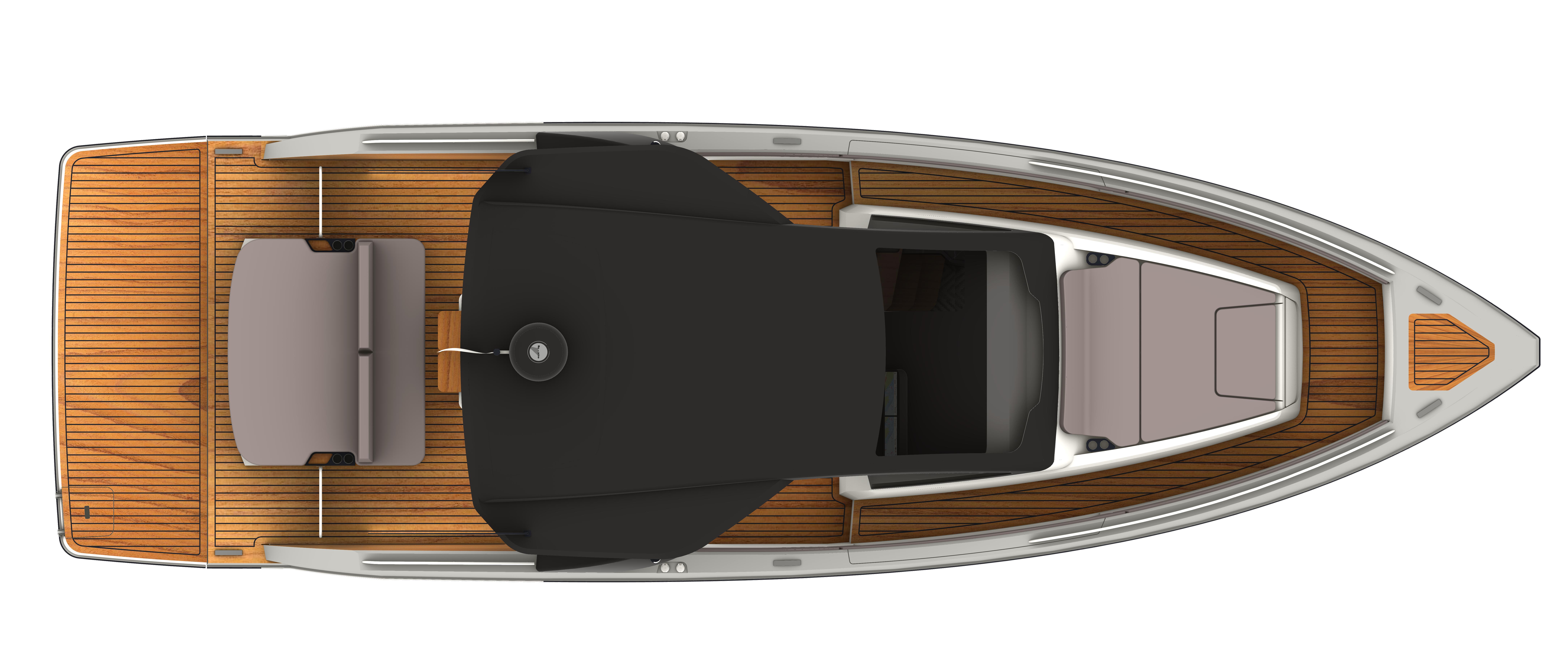 Slide: The Image of Top view of 2025 Schaefer V44 yacht with wooden deck and black canopy. - 26