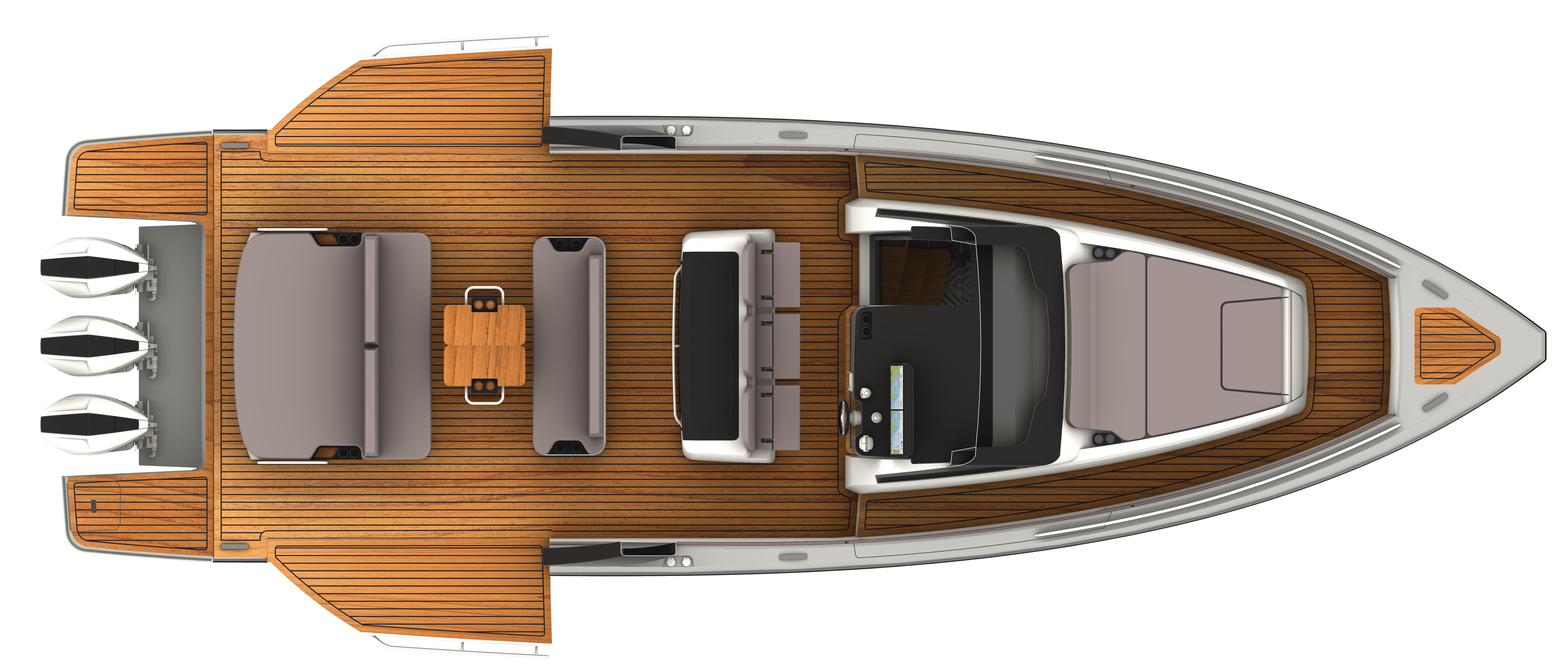 Slide: The Image of Top view of 2025 Schaefer V44 boat with wooden deck and triple outboard motors. - 27