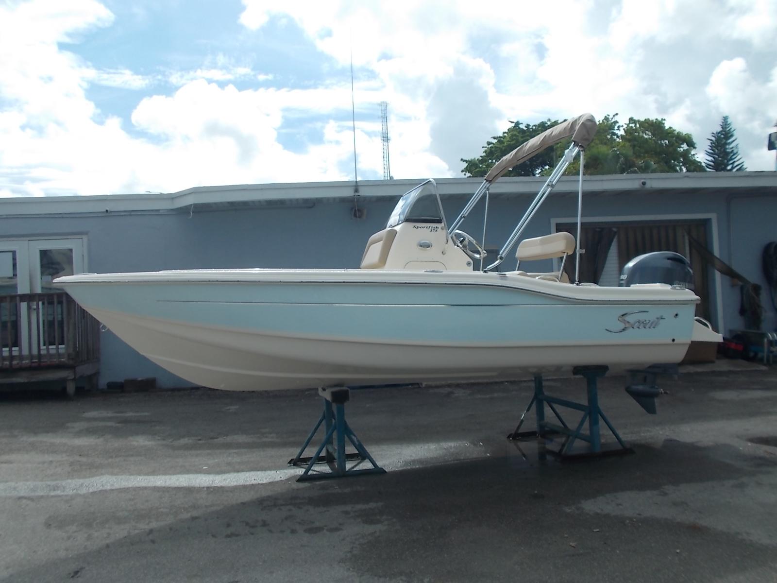 Slide: The Image of 2025 Scout 175 Sportfish boat on stands, side view. - 0