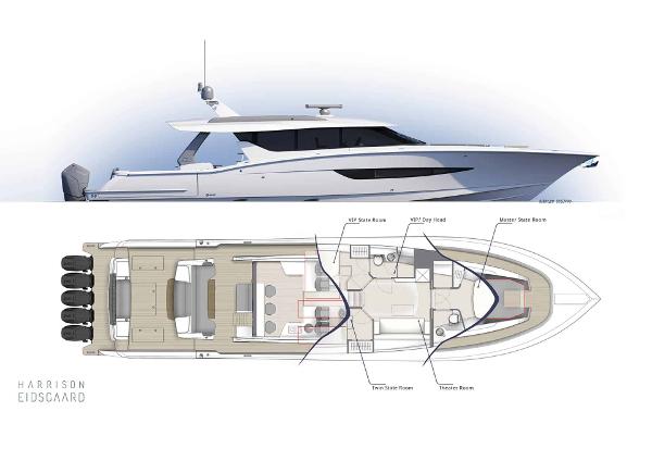 Slide: The Image of 2025 Scout 67 LX luxury yacht with detailed floor plan and side profile view. - 4