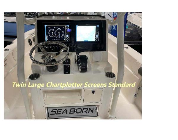 Slide: The Image of 2023 Sea Born LX26 boat dashboard with twin large chartplotter screens. - 1