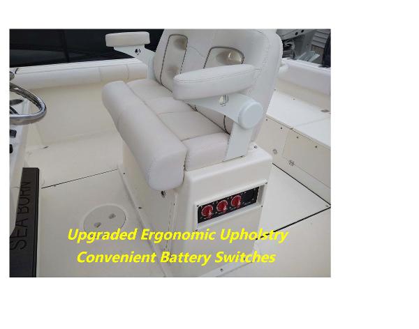 Slide: The Image of 2023 Sea Born LX26 boat with upgraded ergonomic upholstery and convenient battery switches. - 2