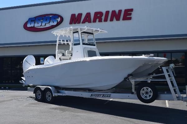 Slide: The Image of 2025 Sea Cat 26 Hybrid Catamaran on trailer at GSPS Marine dealership. - 1