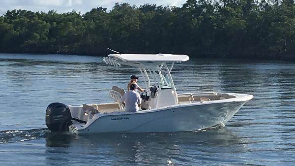 Slide: The Image of 2017 Sea Fox 226 Commander boat cruising on calm water near a forested shoreline. - 0