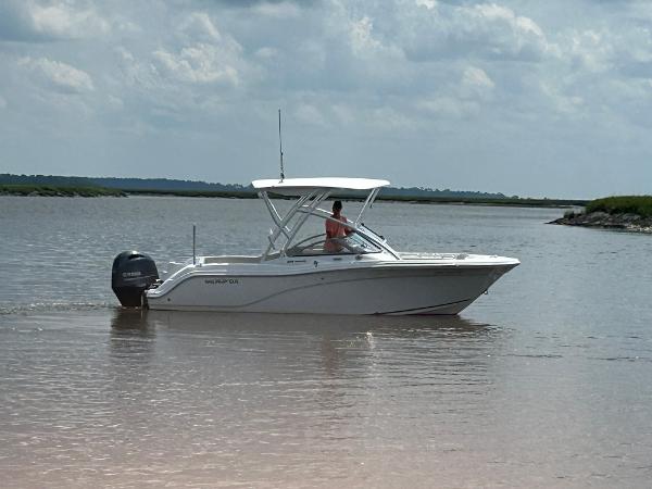 Slide: The Image of 2024 Sea Fox 226 Traveler boat cruising on calm waters under a cloudy sky. - 3