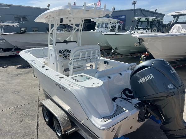 Slide: The Image of 2024 Sea Fox 228 Commander boat with Yamaha engine on trailer. - 48