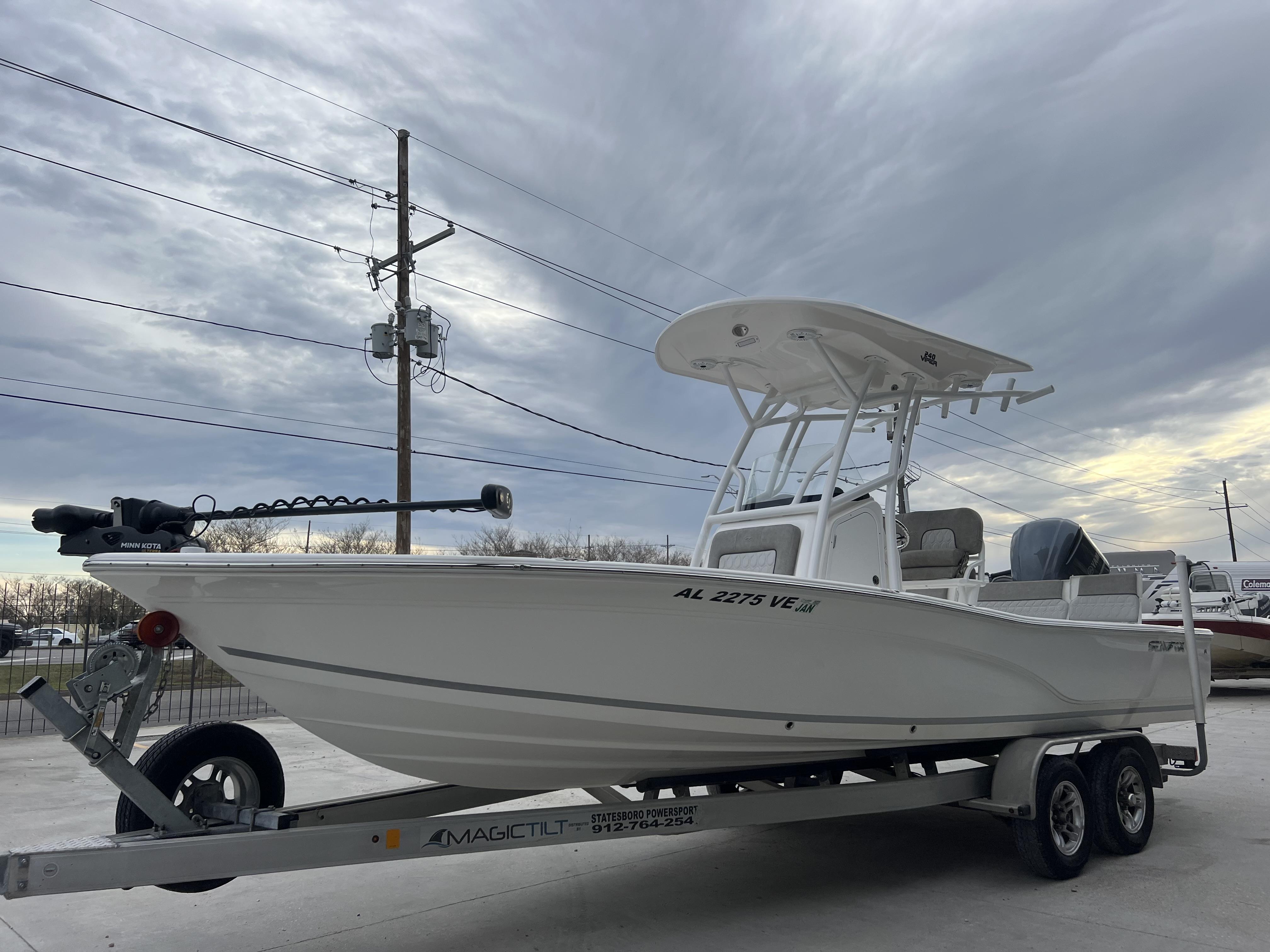 Slide: The Image of 2020 Sea Fox 240 Viper boat on trailer under cloudy sky. - 14