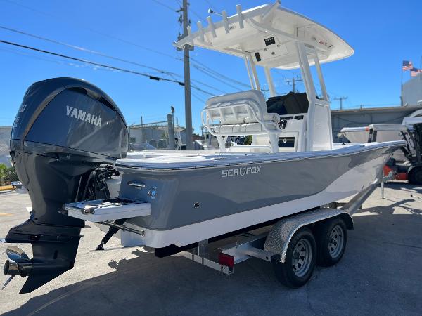 Slide: The Image of 2024 Sea Fox 251 Bay Fox boat with Yamaha outboard motor on trailer. - 4