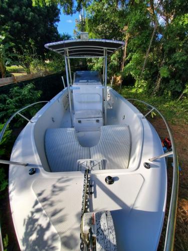 Slide: The Image of 2006 Sea Fox 256 Center Console boat in a lush, green outdoor setting. - 1