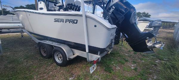 Slide: The Image of 2020 Sea Pro 239CC boat on a trailer with an outboard motor. - 3