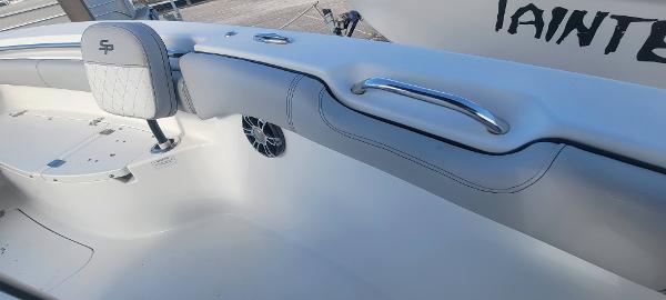 Slide: The Image of 2020 Sea Pro 239CC boat interior with seating and stainless steel handrail. - 30