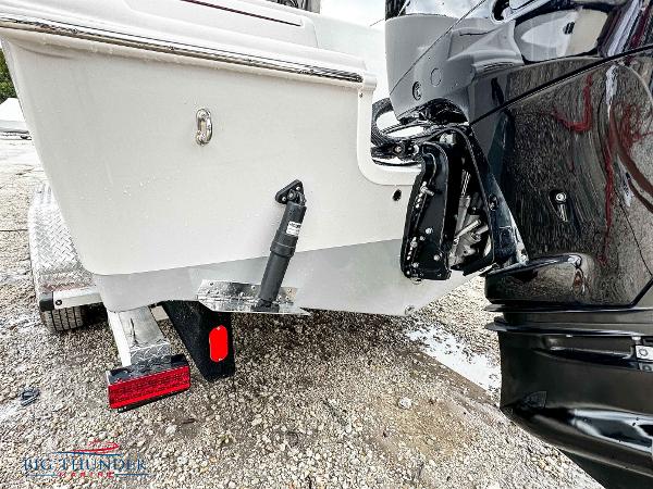 Slide: The Image of 2023 Sea Pro 239 DLX boat on trailer, rear view showing motor and trim tabs. - 9