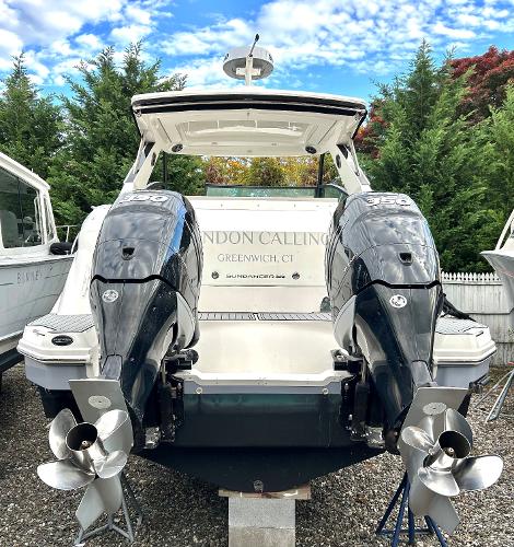 Slide: The Image of 2021 Sea Ray 320 Sundancer boat with twin outboard engines, Greenwich, CT. - 49