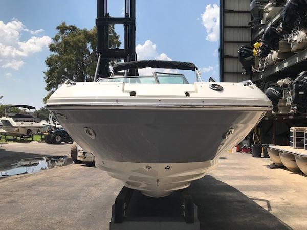 Slide: The Image of 2025 Sea Ray SDX 250 boat in storage facility, front view. - 5