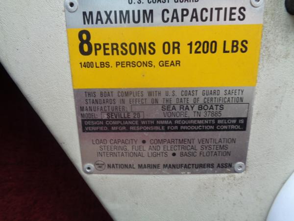Slide: The Image of 1988 Sea Ray Seville 20 Bow Rider capacity label, 8 persons or 1200 lbs. - 10