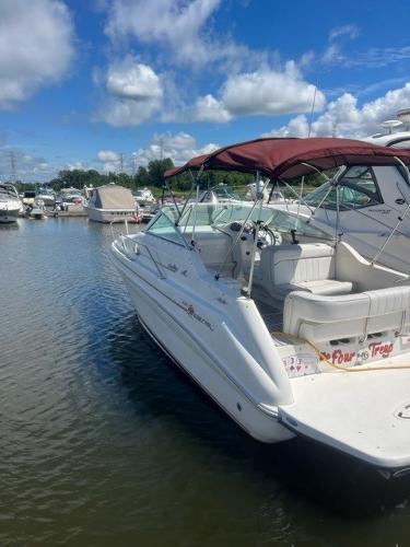 Slide: The Image of 1996 Sea Ray Sundancer boat docked in a marina under a blue sky. - 1