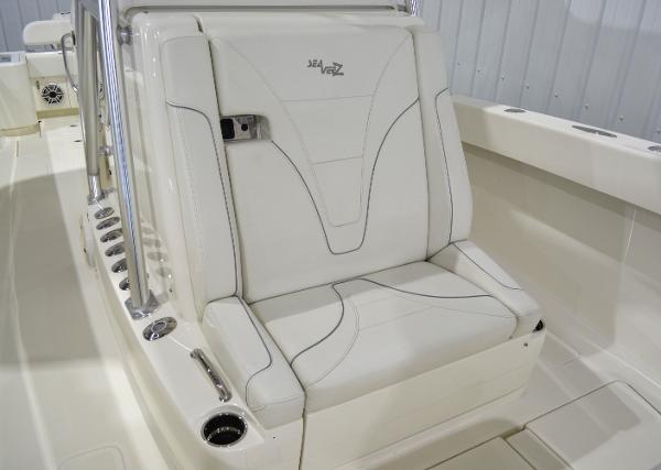Slide: The Image of 2020 SeaVee 322z boat seat with white upholstery and sleek design. - 27