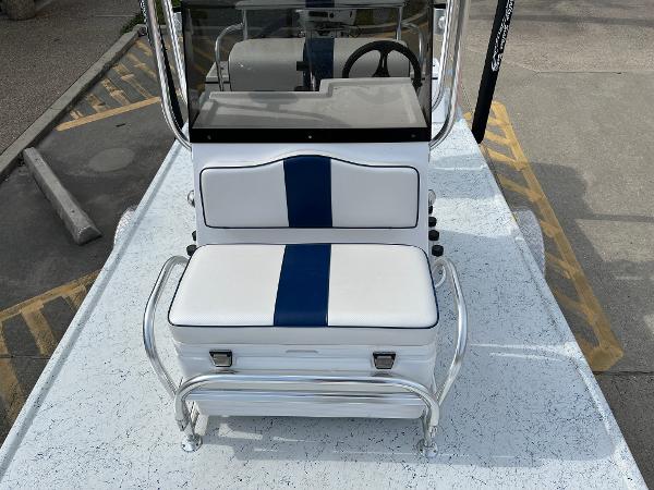 Slide: The Image of 2024 Shallow Stalker SS-17 Sportsman boat with white and blue seating. - 9
