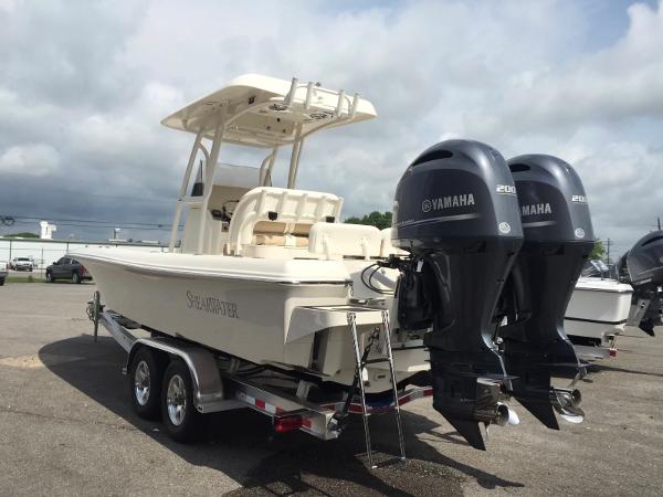 Slide: The Image of 2015 ShearWater 26 Carolina Flair boat with twin Yamaha 200 engines on trailer. - 3