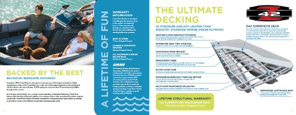 Slide: The Image of 2023 South Bay 224UL boat brochure highlighting warranty, ultimate decking, and lifetime structural warranty. - 7