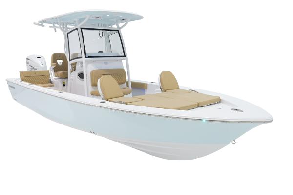 Slide: The Image of 2024 Sportsman Masters 267 Bay Boat with cushioned seating and center console. - 0