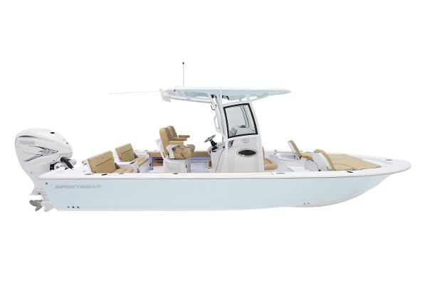 Slide: The Image of 2024 Sportsman Masters 267 Bay Boat, side view, white hull, center console. - 1