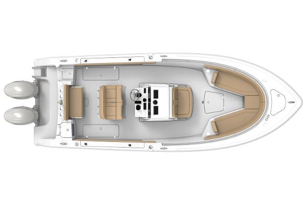 Slide: The Image of Manufacturer Provided Image: 2025 Sportsman Open 252 Center Console boat, top view, dual engines, beige seating. - 10