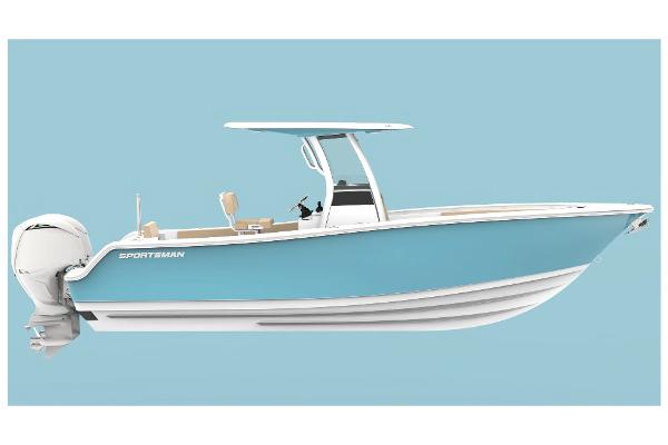 Slide: The Image of Manufacturer Provided Image: 2025 Sportsman Open 252 Center Console boat, side view, blue hull, outboard motor. - 9