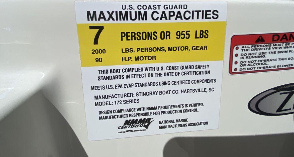 Slide: The Image of 2024 Stingray 172SC boat capacity label: 7 persons or 955 lbs, 2000 lbs persons, motor, gear. - 11