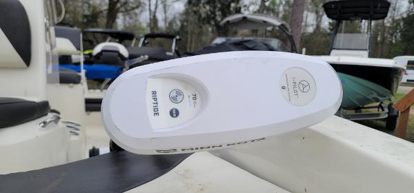 Slide: The Image of Close-up of a 2019 Stingray 186 CC boat with a Riptide trolling motor. - 6