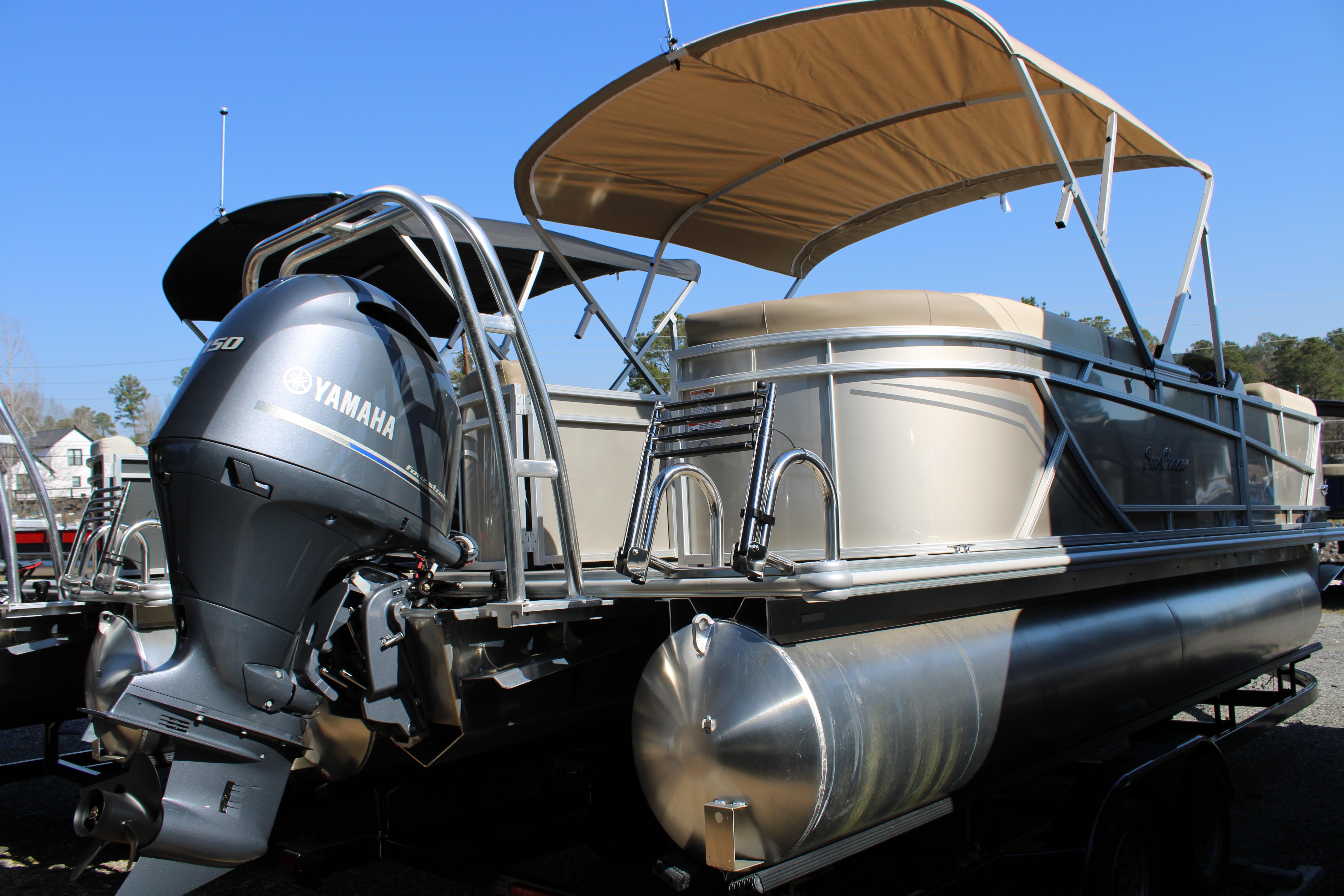 Slide: The Image of 2023 SunChaser Geneva Cruise 22 LR DH pontoon boat with Yamaha outboard motor. - 14