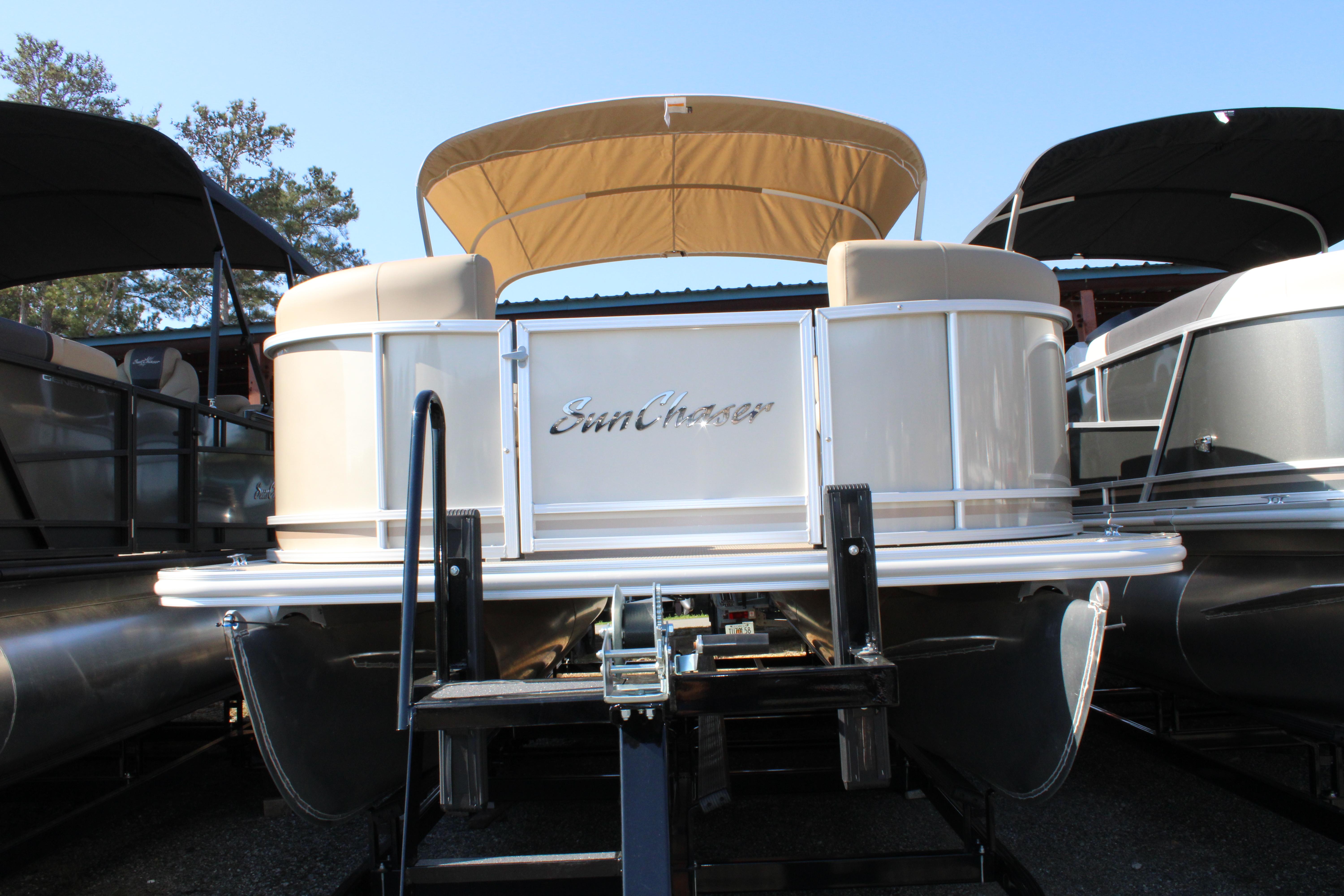 Slide: The Image of 2023 SunChaser Geneva Cruise 22 LR DH pontoon boat on trailer. - 2