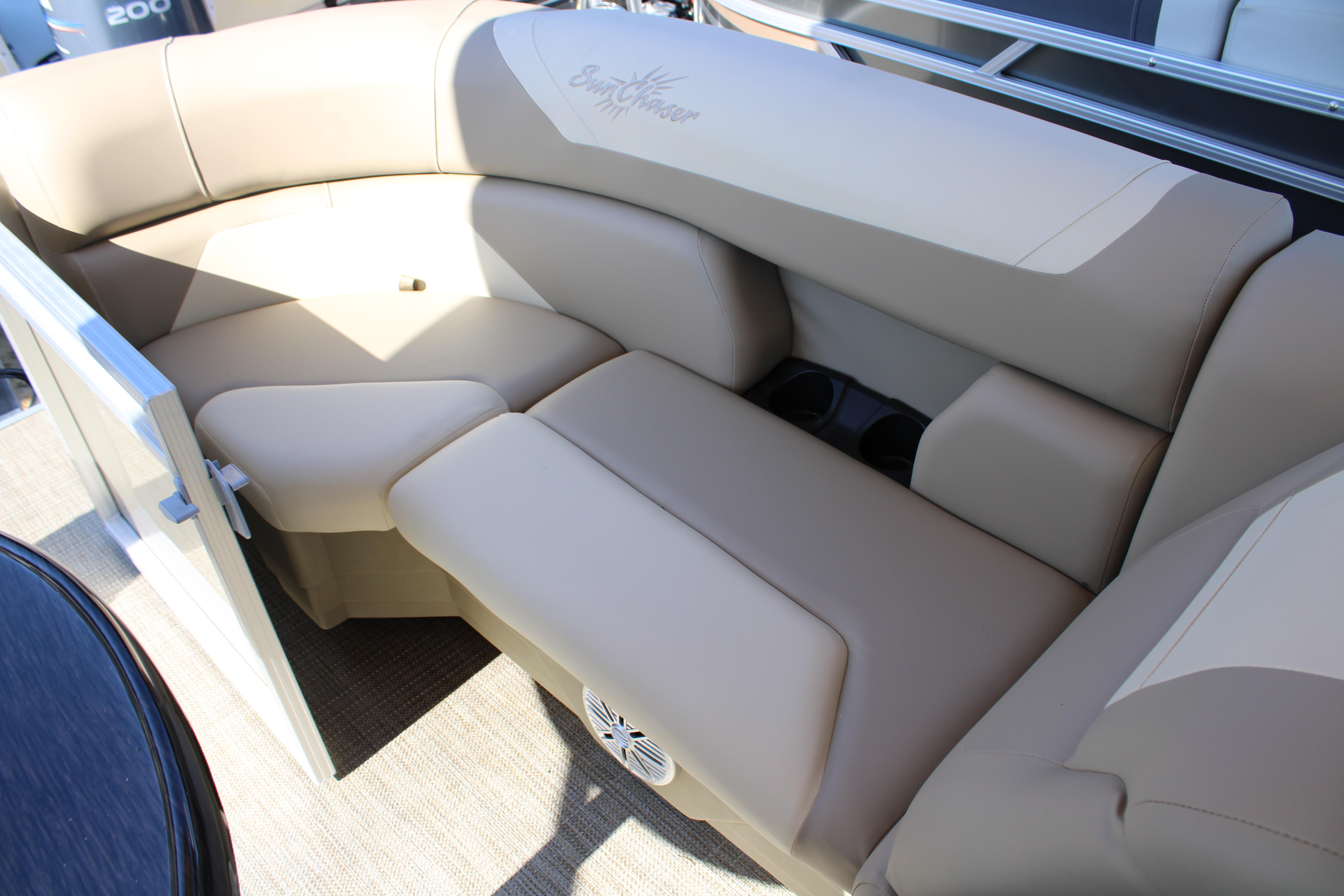 Slide: The Image of 2023 SunChaser Geneva Cruise 22 LR DH boat interior with beige seating. - 8