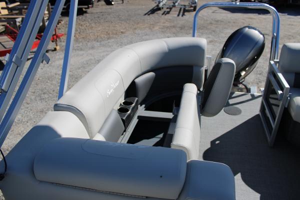 Slide: The Image of 2024 SunChaser Vista 22 LR pontoon boat with comfortable seating and cup holders. - 13