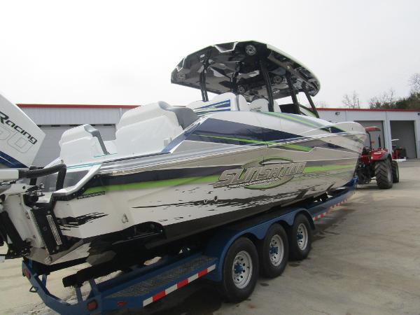 Slide: The Image of 2024 Sunsation 40CCX powerboat on a trailer. - 10