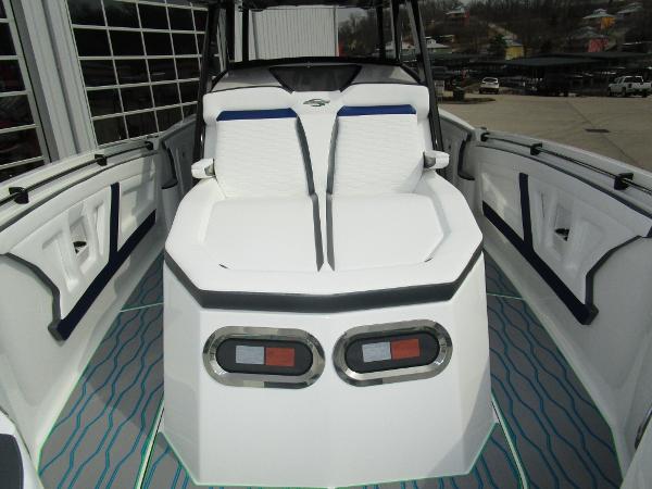 Slide: The Image of 2024 Sunsation 40CCX boat interior with white and blue seating. - 31
