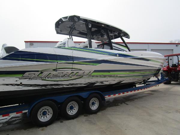 Slide: The Image of 2024 Sunsation 40CCX powerboat on a trailer. - 9