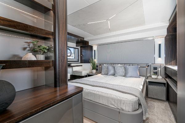 Slide: The Image of Luxurious bedroom interior of 2022 Sunseeker Manhattan 55 yacht with modern decor. - 27