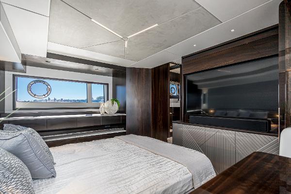 Slide: The Image of Luxurious bedroom interior of 2022 Sunseeker Manhattan 55 yacht with modern decor and large window. - 30