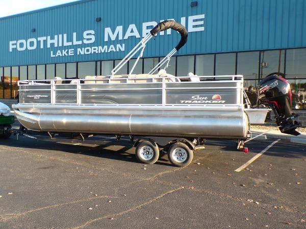Slide: The Image of 2024 Sun Tracker FISHIN' BARGE® 22 DLX pontoon boat at Foothills Marine, Lake Norman. - 1