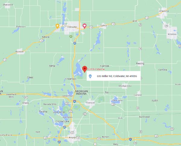 Slide: The Image of Map showing location of Hutch's Marine, 636 Miller Rd, Coldwater, MI 49036. - 17